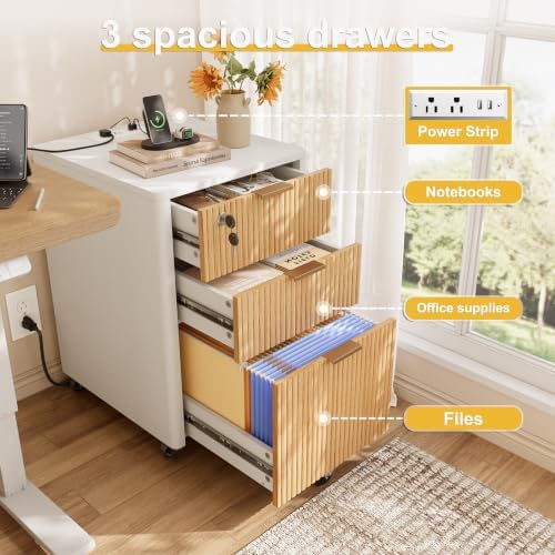 3 Drawers Fluted Mobile Filing Cabinet with Lock, Rolling File Cabinets Printer Stand Table with Charging Station, Under Desk for Home Office Essentials Storage Organization Furniture Letters/A4(Oak) - Image 6