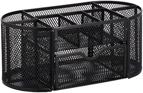 Amazon Basics Mesh Desk Organizer with Pen Holder, Pullout Drawer and Office Caddy Storage, 9.25" x 4.53" x 3.94", Black by AmazonBasics