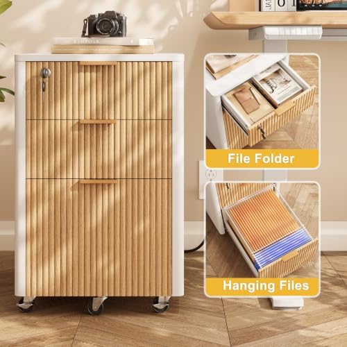 3 Drawers Fluted Mobile Filing Cabinet with Lock, Rolling File Cabinets Printer Stand Table with Charging Station, Under Desk for Home Office Essentials Storage Organization Furniture Letters/A4(Oak) - Image 7