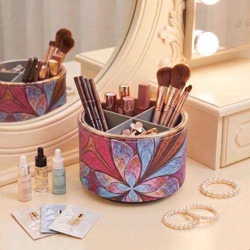 Round Leather Art Supply Organizer,Remote Control Holder,360 Degree Spinning,Multi-Functional Pencil Holder,4 Compartments Desktop Stationary Organizer(1-Fractal Flower2) - Image 7