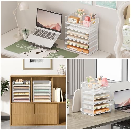 6-Tier Desk Paper Organizer, Desktop File Letter Tray with Handle, Document Sorter and Accessories Holder for Office, Home and School Workspace Organizers, White - 2 Pack - Image 4