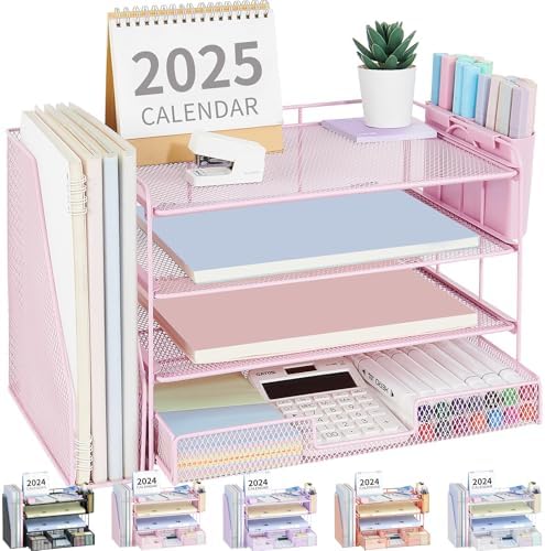 Desk Organizer, 4-Tier Desktop File Organizer with Drawer and Pen Holders, Office Desk Accessories, File Sorters, Workspace Organizers for Office Supplies(Pink) by OPNICE