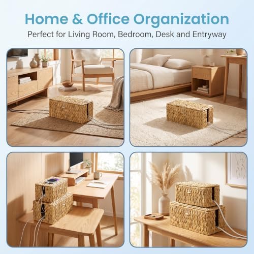 efluky Set of 2 Natural Water Hyacinth Cable Management Box, Hand-Woven Cord Organizer with 2 Open Slots, Decorative Cord Box to Hide Power Strip, USB Wires & Charger for Home & Office - Image 7