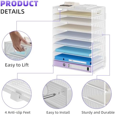 Marbrasse Paper Organizer Letter Tray, 9 Tier Mesh File Organizer with Handle, Paper Sorter Desk Organizer for Home Office Supplies - White - Image 3