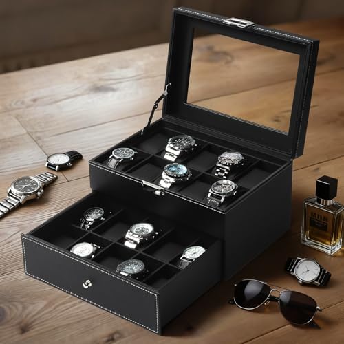 Mens Watch Box Jewelry Organizer, 2-Layer 20-Slot Watch Case -Black - Image 5