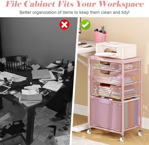4 Drawer Rolling File Cart Under Desk Storage, File Cabinets for Home Office, Mobile Filing Cabinet, Hanging File Organizer with Wheels, Utility Cart Printer Stand, Pink - Image 6