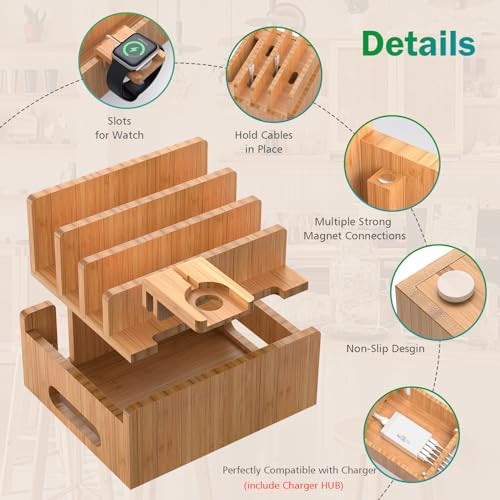 Bamboo Charging Station with USB Charger,5Cables-Natural - Image 3