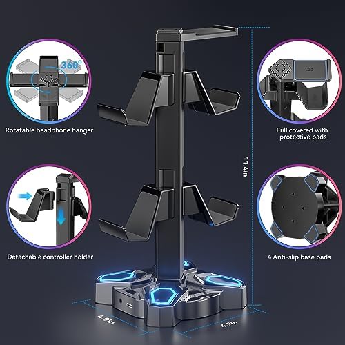 KDD Gaming Headphones Stand, Rotatable Headset Stand with Light Modes - Controller Holder with 2 USB Charging Ports and 3.5mm - Earphone Hanger Accessories for Desktop Gamer(Black) - Image 4