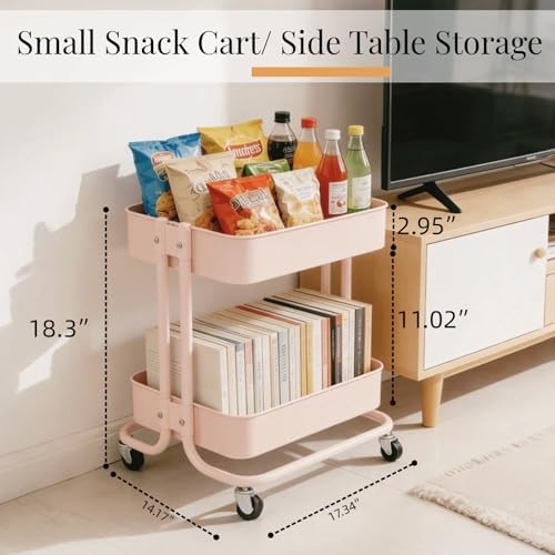 2 Tier Rolling Cart with Wheels for Under Desk Storage, Pink Small Rolling Pantry Storage Cart for Small Space, Metal Short Utility Shelf for Vanity Kitchen Bathrrom Laundry Organization - Image 5