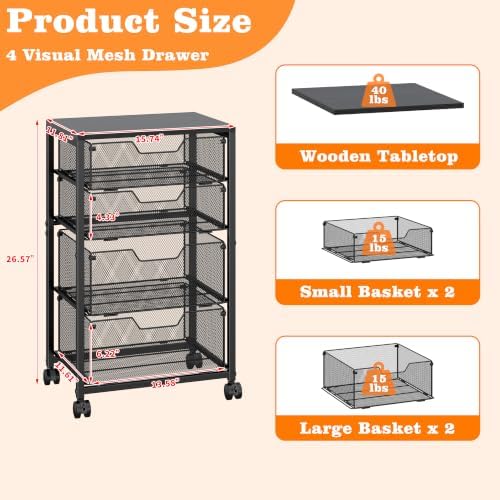 4 Drawers Rolling File Cart with Wheels, Mobile File Cabinet, Black - Image 2