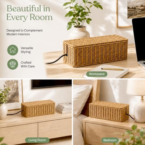 2PCS Cable Management Box Set, Handmade Rattan Cord Organizer - Image 5