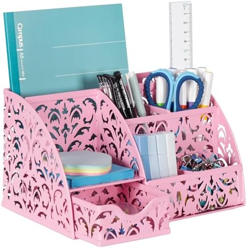 EasyPAG Desk Organizer and Pen Holder for Desk, Mesh Office Supplies Storage Caddy with Drawer for Small Space, Desktop Organizer for Home Office, Pink by EasyPAG