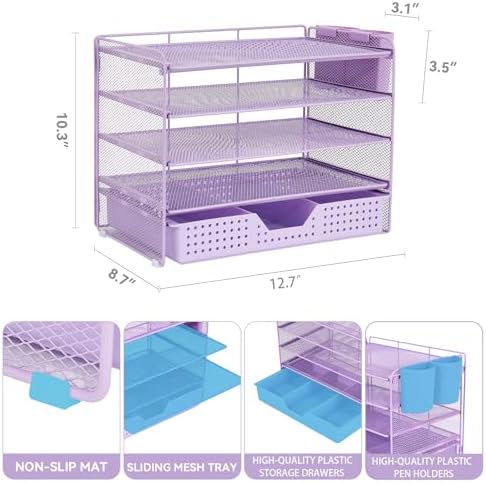 Desk Organizers and Accessories, 5-Tier Paper Letter Tray Organizer with Drawer & 2 Pen Holders, Desktop Organizer for Office Supplies (Purple) - Image 2