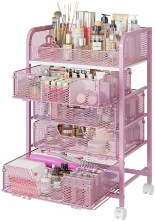 Makeup Cart Organizer with 4 Drawers, Large Floor Skincare Organizers, Vanity Storage Organizer Cosmetics Display Cases for Skin Care Perfume Nail Polish, Pink by Hongtamoya