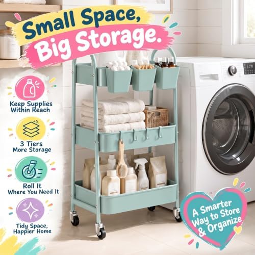 3 Tier Green Metal Rolling Cart with Lockable Wheels, 3 Tiered Roller Shelf - Image 5