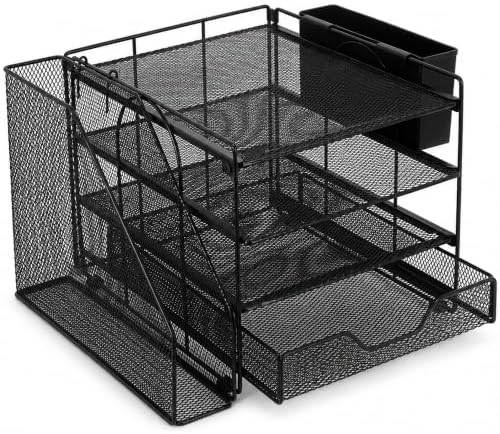 Desk Organizer, 4-Tier Desktop File Organizer with Drawer and Pen Holders, Office Desk Accessories, File Sorters, Workspace Organizers for Office Supplies(Black-1) by OPNICE