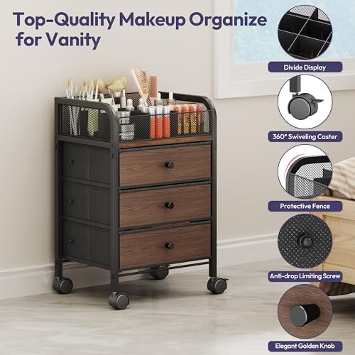 Rolling Makeup Organizer Cart - 14.96″*11.81″*23.03″ Widened Under Desk Vanity Storage with 3 Non-woven Drawers, Cosmetic Display Cases for Skin Care Perfume Nail Polish Brush Hair Tool Black - Image 5