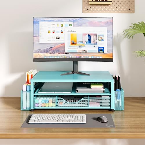 Desk Organizer and Accessories, 2-Tier Computer Monitor Stand Riser with Drawer and 2 Pen Holders, Laptop Stand, Office Desk Accessories for Office Supplies, Teal Blue - Image 6