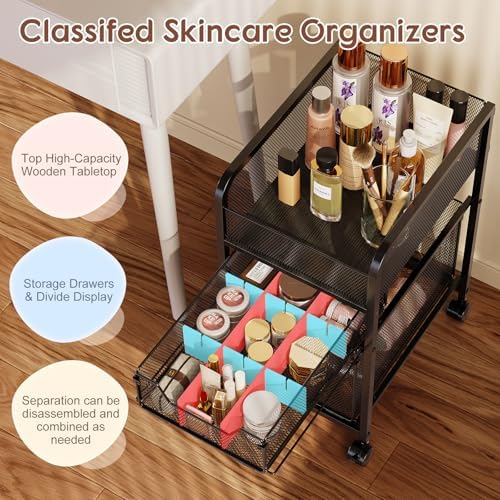 Rolling Makeup Cart Organizer with 2 Drawers, Narrow Floor Skincare Organizers, Vanity Organizer Cosmetics Display Cases Holder for Skin Care Nail Polish Perfume Makeup Brush, Black - Image 4