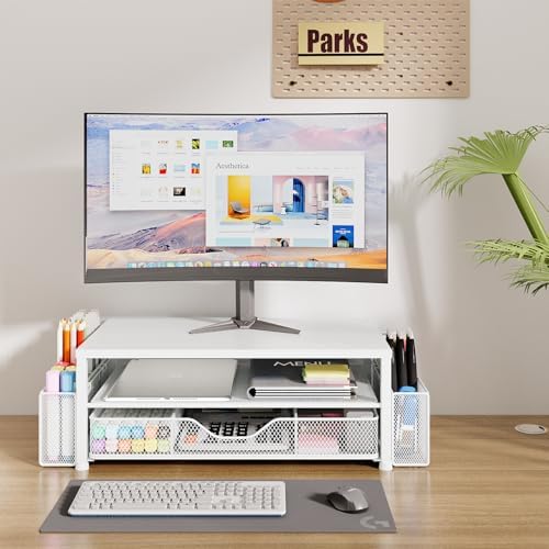 Desk Organizer and Accessories, 2-Tier Computer Monitor Stand Riser with Drawer and 2 Pen Holders, Laptop Stand, Office Desk Accessories for Office Supplies, White - Image 2