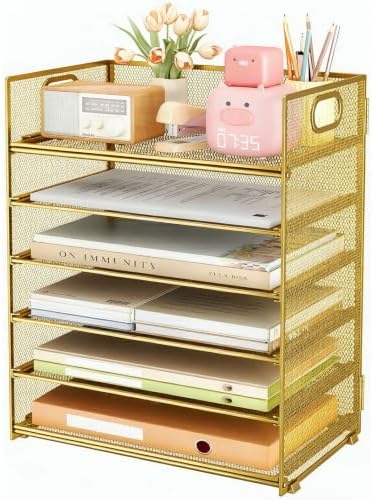 6 Tier Paper Organizer with Handle,Construction Teacher Desk Decor,Gold by SUBEKYU