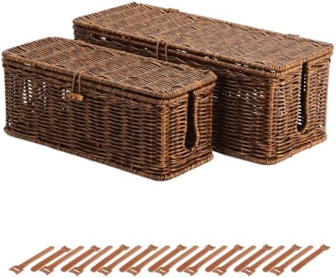 Cable Management Box, Cord Organizer with Lid, Braided Edging,Brown,Set by BROWNLILY