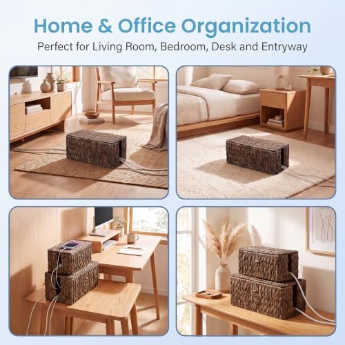 efluky Set of 2 Brown Water Hyacinth Cable Management Box, Hand-Woven Cord Organizer with 2 Open Slots, Decorative Cord Box to Hide Power Strip, USB Wires & Charger for Home & Office - Image 7