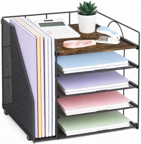Desk Organizers and Accessories, 5-Tier Paper Letter Tray Organizer with File Holder, Desktop Organizer for Office Supplies (Wood) by Stylishworkspaceeffortlessorganization