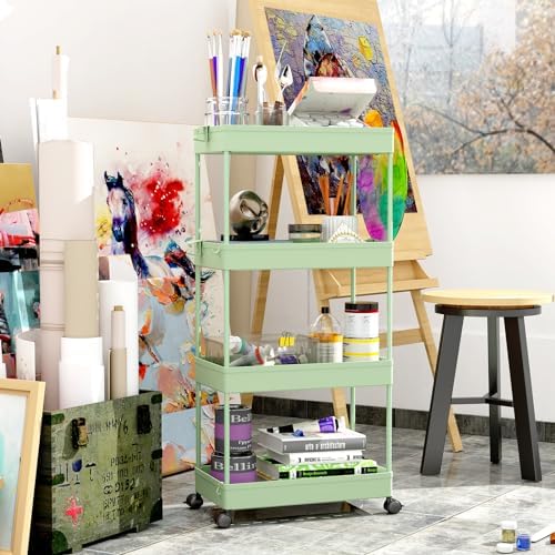 4 Tier Rolling Cart with Wheels, Storage Craft Art Trolley Organizer Serving, 3 Hanging Baskets Easy Assembly, for Office, Living Room, Kitchen - Image 5