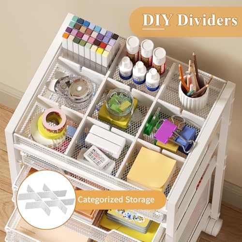 Rolling File Cart with 4 Storage Drawers, Under Desk Filing Cabinet with DIY Divider, Hanging File Folder Organizer on Wheels, Fits A4/Letter Size, Metal Utility Cart for Home Office, White - Image 6
