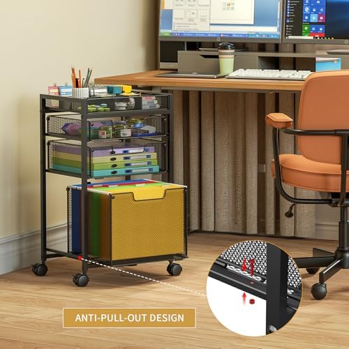 Rolling File Cart with 3 Storage Drawers, Under Desk Filing Cabinet with DIY Divider, Hanging File Folder Organizer on Wheels, Fits A4/Letter Size, Metal Utility Cart for Home Office, Black - Image 5