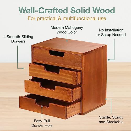 4 Drawer Desktop Storage Organizer in Modern Wood Design (9.8”x6.9”x 9.8”) 4-Drawer Stackable Drawer Unit - Vanity Accessories Organizer (1-Pack) - Image 4