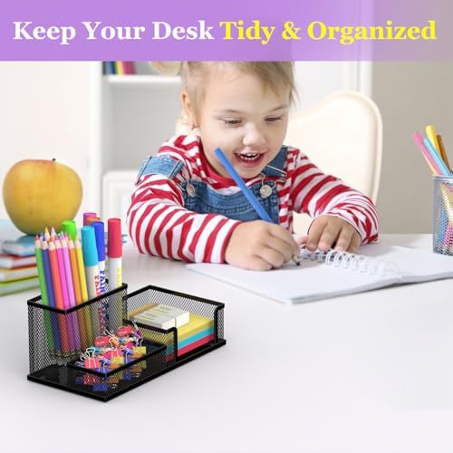 Pen Holder Desk Organizer, Office Supplies Pencil Holder with 3 Compartments, Desk Accessories and Workspace Organizers for Home School Classroom, Black - Image 2
