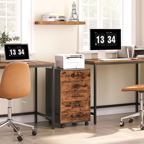 HOOBRO 5-Drawer File Cabinet, Office Filing Cabinet with Drawers, Wooden Mobile Storage Cabinet with Wheels, for Makeup, Home Office, Easy Assembly, Rustic Brown BF05WJ01G1 - Image 2
