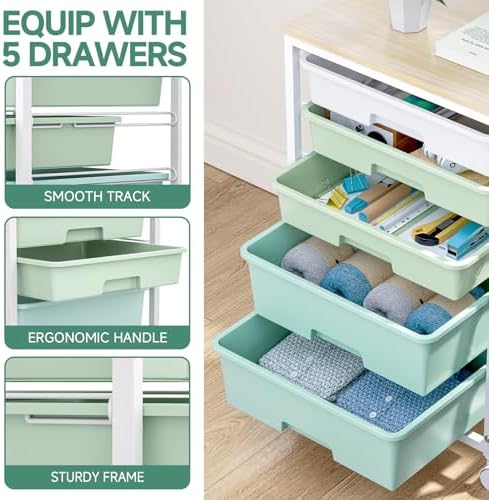 Rolling Cart with Drawers,5 Drawers Storage Cart,Light Green - Image 4