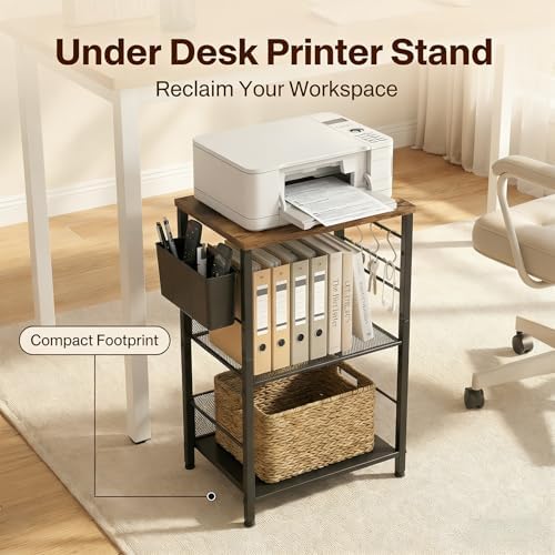 Small 3 Tier Printer Stand for Under Desk, Height Adjustable Shelf Printer Table with 3 S-Hooks & Basket, Heavy Duty Industrial Storage Shelf for Home Office (Rustic Brown) - Image 5