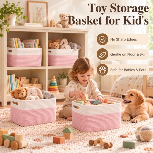 4 Pack Storage Baskets for Organizing, Woven Baskets for Shelves - Perfect for Toys, Books, Towels, and Clothes, Durable Gift Basket Bins Toy Storage, 13''Lx9''Wx7.8''H, Pink & White - Image 5