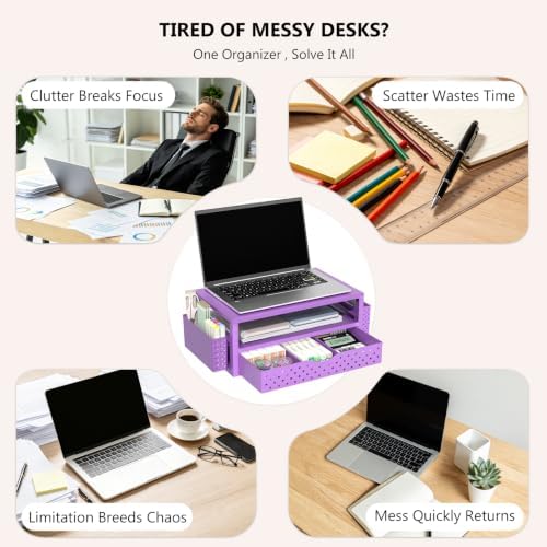WALI Desk Organizer with Drawer and Pen Holder, 3 Tier Computer Monitor Stand for Home Office Supplies, Laptop Stand Riser for Computer, Laptop, Printer(PTT004-V), 1 Pack, Purple - Image 6