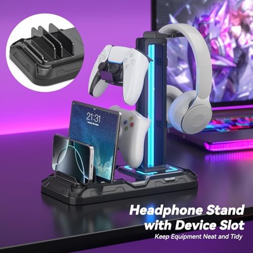 KDD Headset Stand with Charging Station - Detachable Controller Holder with 9 Light Modes - Rotatable Headphone Hanger with USB A&C Charger Ports - Earphone Hook for PC Gaming Accessories Storage - Image 2