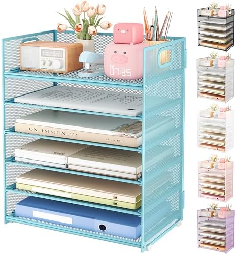 6 Tier Office File Paper Desk Tray Organizer with Handle, Stackable Slide Mesh Letter Tray Folder Blue Desk Organizer, Desktop Document Sorter for Classroom, Office, Home Supplies Storage by SUBEKYU
