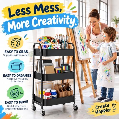 3 Tier Metal Rolling Cart with Lockable Wheels,Black Three Tiered Art Carts - Image 4