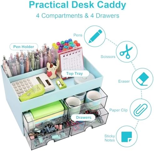 Desk Organizer, Office Organizer with Drawer, Desk Accessories & Workspace Organizers, Pen Holder Office Supplies for Desk (4 Drawers+4 Compartments, Blue) - Image 3