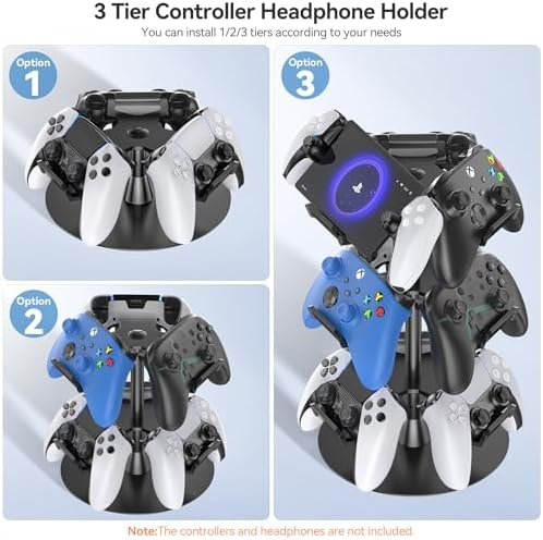 Headset Stand 3 Tiers for Desk, Rotatable Gaming Controller Stand for PS5/PS4/Xbox/Switch2/PS Portal/Phone, Universal PC Gamer Gift Accessory Controller/Headphone Holder for 9 Packs Controller - Image 2