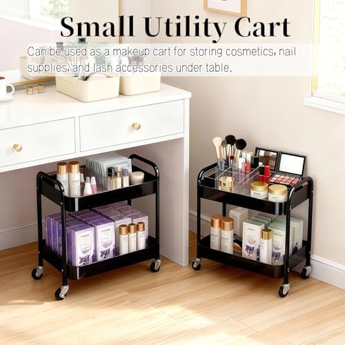 2 Pack Pantry Cart 2 Tier Small Rolling Cart with Wheels for Under Desk Storage, Short Rolling Utility Cart Large Basket Metal Kitchen Shelf with Mesh Laundry Room Organizer Side Table, Black - Image 5