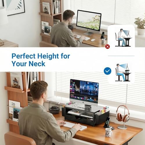 Desk Organizer and Accessories, 2-Tier Computer Monitor Stand Riser with Drawer and 2 Pen Holders, Laptop Stand, Office Desk Accessories for Office Supplies, Light Black - Image 7