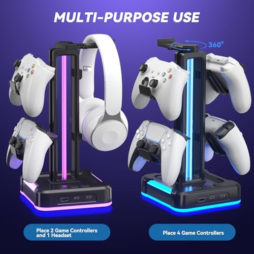 KDD RGB Gaming Headphone and Controller Stand with 2 Type-C and 1 USB Ports - Image 6