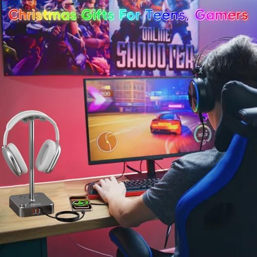 Headphone Stand with Charger, USB C, Gifts for Gamers Men, Gray - Image 3