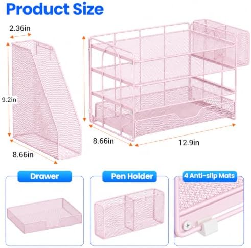 Desk Organizers and Accessories, 4-Tier Desktop File Organizer with Drawer and Pen Holders, Office Desk Accessories Workspace Organizers for Office Supplies (Soft Pink) - Image 4