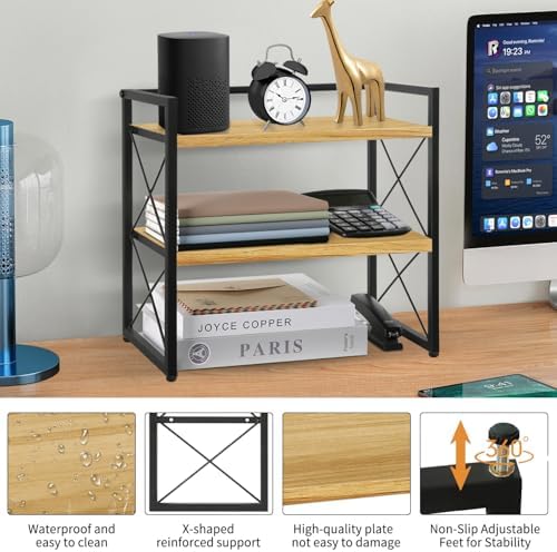 Desktop Shelf Organizer, 2 Tier Office Shelves, Wood Desk Organizer Storage Rack and Freestanding Display Shelf for Office, Dormitory, Home (Black Wood) - Image 4