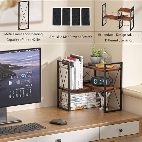 Expandable Desktop Shelf Organizer, 2 Tier Wood Desk Shelf for Office, Metal Corner Bookshelf, Countertop Storage Rack (Brown) - Image 6